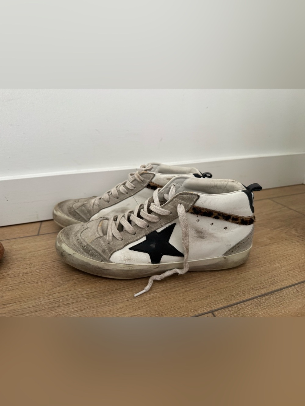 Golden Goose Mid Star White Sneakers with Black Star Leopard